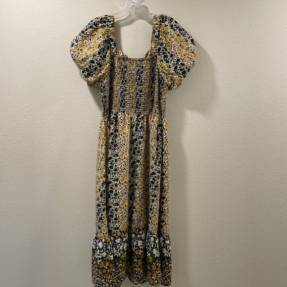US TOGETHER NWT Puff Sleeve Shirred Sweetheart Midi Dress Floral Blk/Grn/Yel XL - Picture 3 of 11